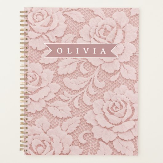 Gepersonaliseerde Roze Kant Bloemige Romantische Planner (Voorkant)