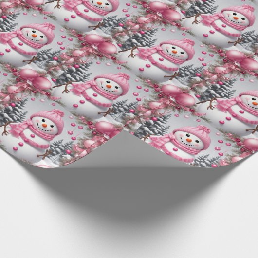 Gepersonaliseerde roze kerst sneeuwman cadeaupapier (Hoek)