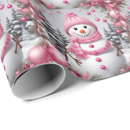 Gepersonaliseerde roze kerst sneeuwman cadeaupapier