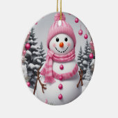 Gepersonaliseerde roze kerst sneeuwman keramisch ornament (Rechts)