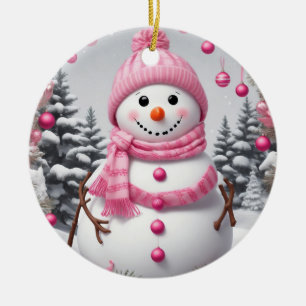 Gepersonaliseerde roze kerst sneeuwman keramisch ornament