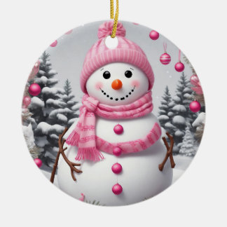 Gepersonaliseerde roze kerst sneeuwman keramisch ornament