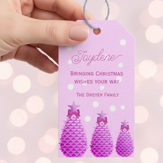 Gepersonaliseerde roze kerstdennenappels  cadeaulabel
