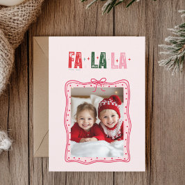 Gepersonaliseerde roze kerstfotokaart | Fa La La Feestdagenkaart