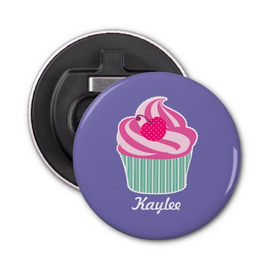 Gepersonaliseerde roze koekje wi poladots kerry button flesopener (Voorkant)