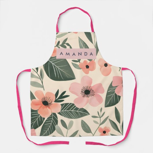 Gepersonaliseerde Roze Koraal Bloem Bladeren Schort (Voorkant)