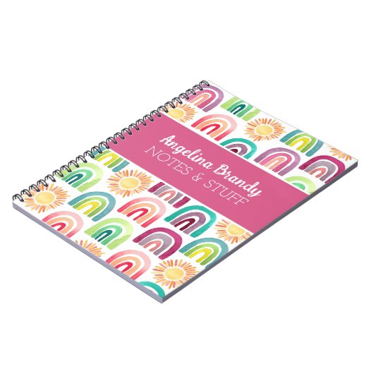 Gepersonaliseerde Roze Leuke Regenboog & Zonnen Ki Notitieboek (Linkerzijde)