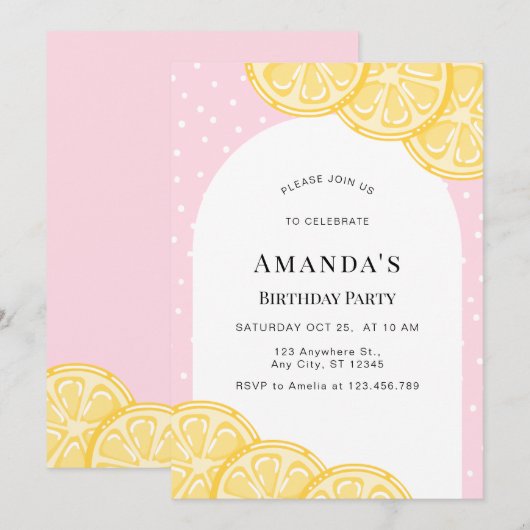 Gepersonaliseerde roze limonade verjaardag uitnodi kaart (Voorkant / Achterkant)