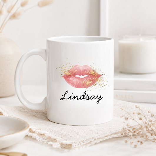 Gepersonaliseerde Roze Lippen Glitter Koffiemok