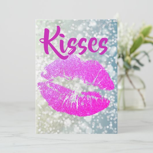 Gepersonaliseerde roze lippenstift "Kisses" Dank u Bedankkaart (Staand voorkant)