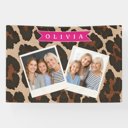Gepersonaliseerde Roze Luipaardprint Chic Dierenpr Spandoek (Horizontaal)
