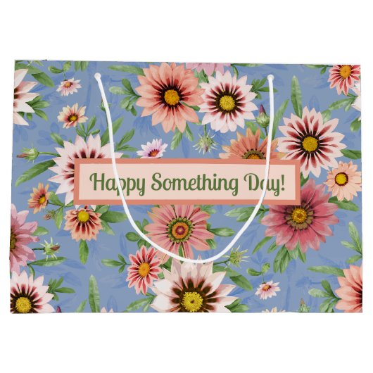 Gepersonaliseerde roze madeliefjes op blauw bloemm groot cadeauzakje (Achterkant)