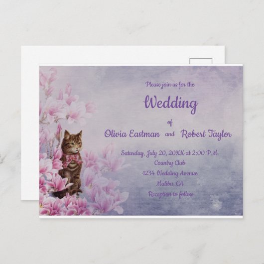 Gepersonaliseerde roze magnolia en kattenbruiloft briefkaart (Voorkant / Achterkant)