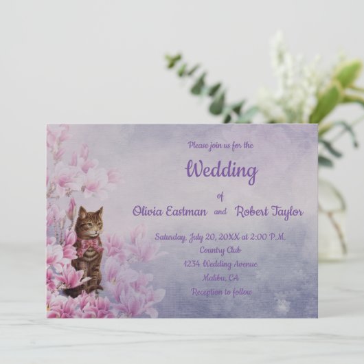 Gepersonaliseerde roze magnolia en kattenbruiloft kaart (Staand voorkant)