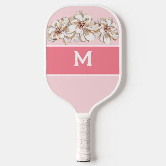 Gepersonaliseerde roze Magnolia Monogrammed Pickleball Paddle (Voorkant)