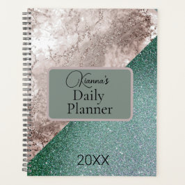 Gepersonaliseerde Roze Marmer Minty Green Glitter Planner