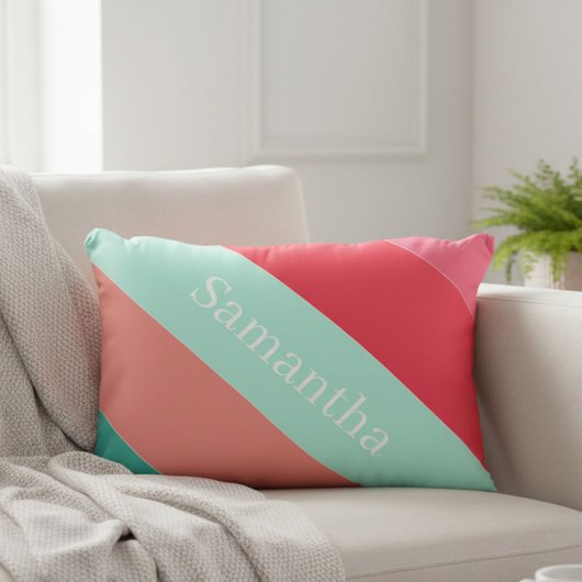 Gepersonaliseerde Roze & Mint Gestreepte Kleurblok Accent Kussen