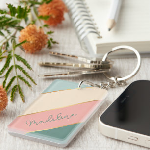 Gepersonaliseerde Roze Mintgroene Ivoor Strepen Sleutelhanger