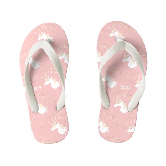 Gepersonaliseerde roze moderne magische eenhoorn m kinder teenslippers (Voetbed)