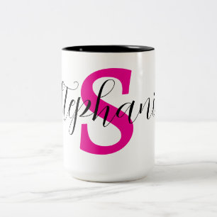 Gepersonaliseerde Roze Naam Monogram Geschenken Tweekleurige Koffiemok