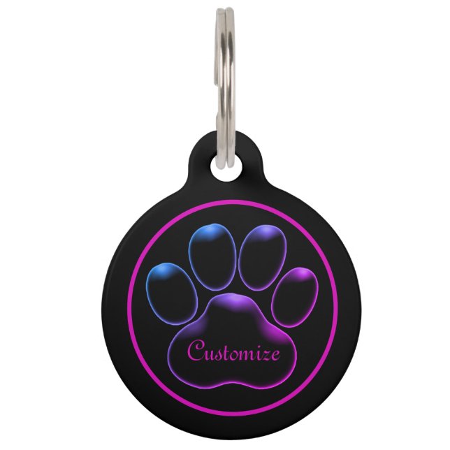 Gepersonaliseerde roze Neon Glow Paw Print Huisdierpenning (Voorkant)