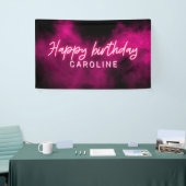 Gepersonaliseerde roze neon Happy Birthday Party Spandoek (Beurs)
