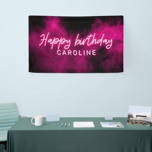 Gepersonaliseerde roze neon Happy Birthday Party Spandoek (Beurs)