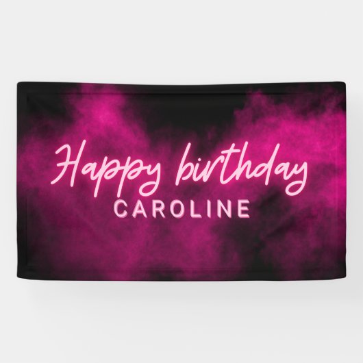 Gepersonaliseerde roze neon Happy Birthday Party Spandoek (Horizontaal)