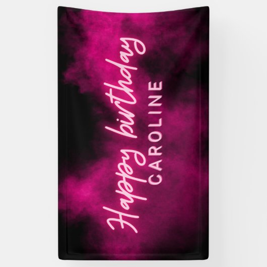 Gepersonaliseerde roze neon Happy Birthday Party Spandoek (Verticaal)
