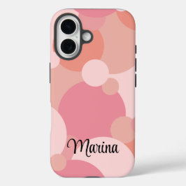 Gepersonaliseerde roze-oranje moleculen iPhone 16 hoesje