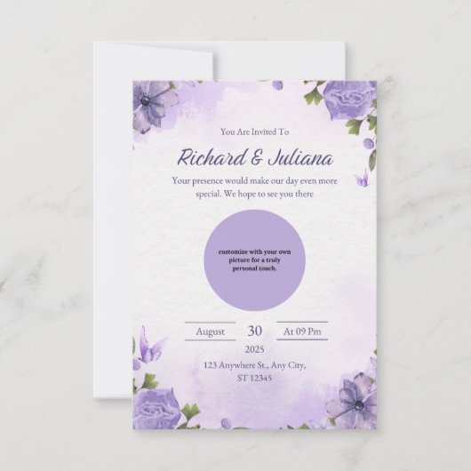 Gepersonaliseerde Roze & Paarse Bloemen Fotobruilo Kaart (Voorkant)