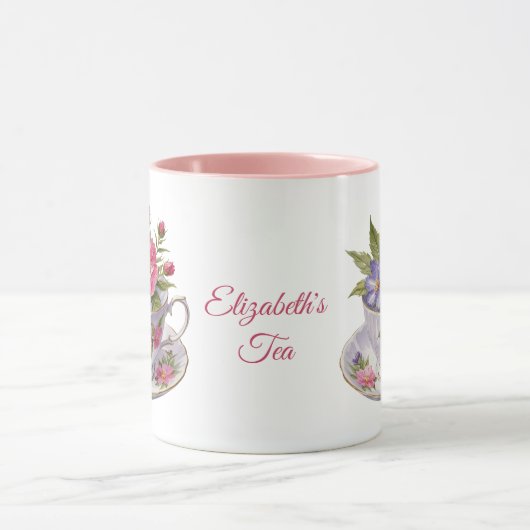Gepersonaliseerde Roze Paarse Bloemen Tea Cup Mok (Midden)