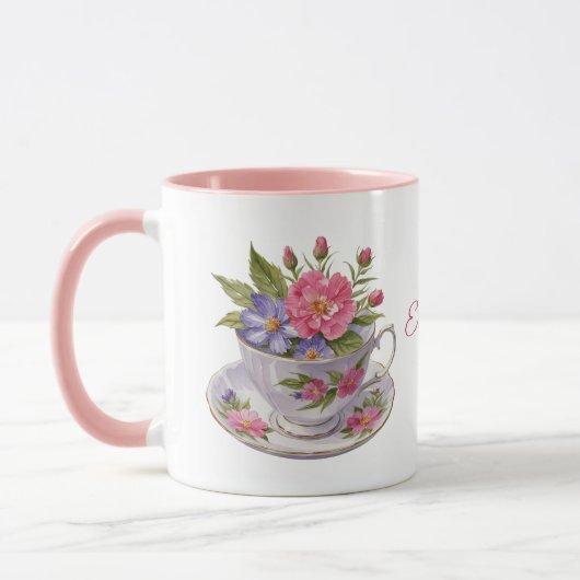 Gepersonaliseerde Roze Paarse Bloemen Tea Cup Mok (Links)
