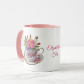 Gepersonaliseerde Roze Paarse Bloemen Tea Cup Mok (Voorkant links)