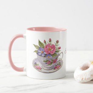 Gepersonaliseerde Roze Paarse Bloemen Tea Cup Mok