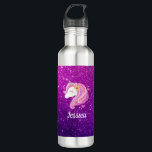Gepersonaliseerde roze Paarse glitter eenhoorn gez Waterfles<br><div class="desc">Een schattig roze en paarse faux glitter eenhoorn gezicht siert deze waterfles. Leuk voor een meisje. Maakt een geweldig verjaardagsfeestje cadeau. Personaliseer het met haar naam. Ontworpen voor u door Blackberry Boulevard.</div>