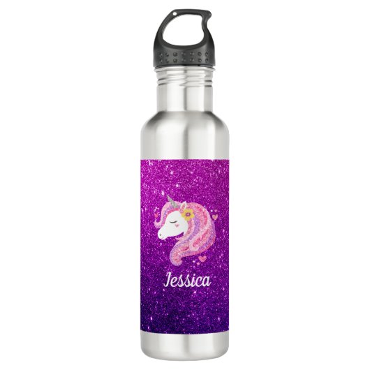 Gepersonaliseerde roze Paarse glitter eenhoorn gez Waterfles (Voorkant)