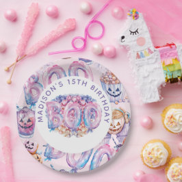 Gepersonaliseerde roze Paarse Halloween Boo Papieren Bordje