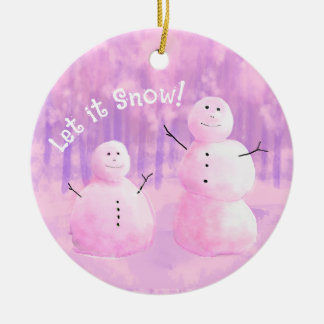 Gepersonaliseerde Roze Paarse Sneeuwman Keramisch Ornament
