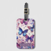 Gepersonaliseerde roze Paarse Waterverf vlinder Bagagelabel (Voorkant (verticaal))