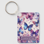 Gepersonaliseerde roze Paarse Waterverf vlinder Sleutelhanger (Voorkant)