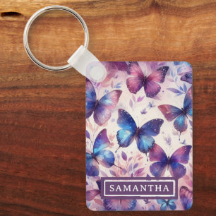 Gepersonaliseerde roze Paarse Waterverf vlinder Sleutelhanger