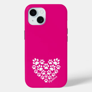 Gepersonaliseerde roze paw print iPhone 15 case