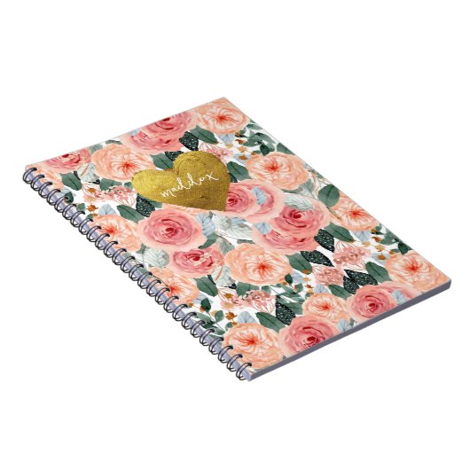 Gepersonaliseerde roze & perzik Bloemen Notitieboek (Rechterzijde)