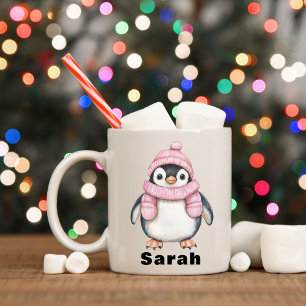 Gepersonaliseerde Roze Pet Pinguïn Custom Name Koffiemok
