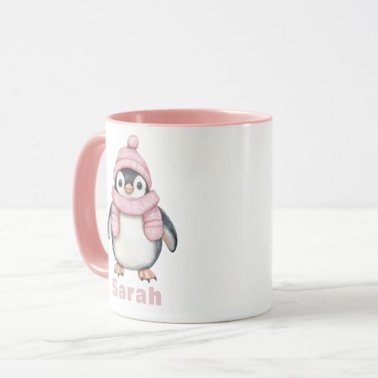 Gepersonaliseerde Roze Pet Pinguïn Custom Name Mok (Voorkant links)