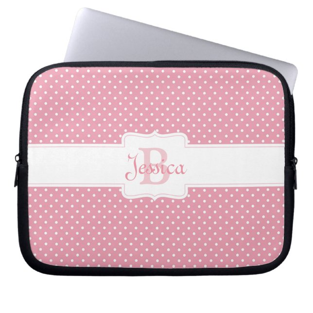 Gepersonaliseerde roze pokadot laptop sleeve (Voorkant)