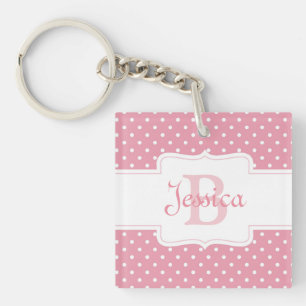 Gepersonaliseerde roze pokadot sleutelhanger