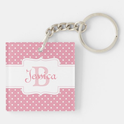 Gepersonaliseerde roze pokadot sleutelhanger (Achterkant)