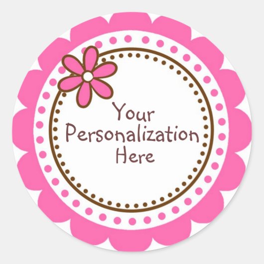 Gepersonaliseerde roze polka stippen en scallops ronde sticker (Voorkant)